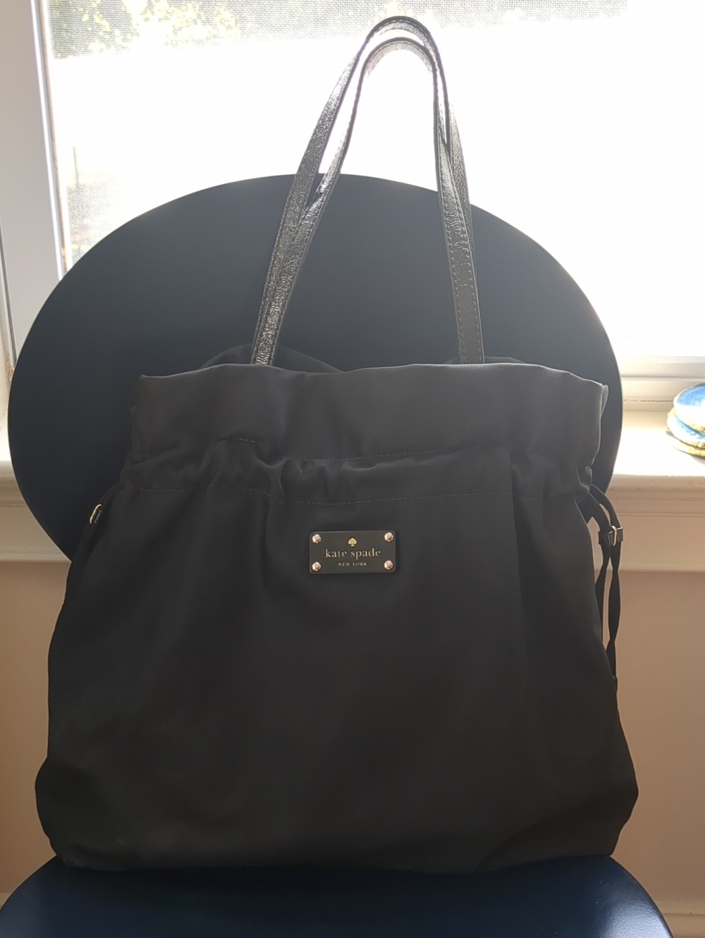 kate spade | Black Nylon Drawstring Tote with Leather Straps and Dust Bag